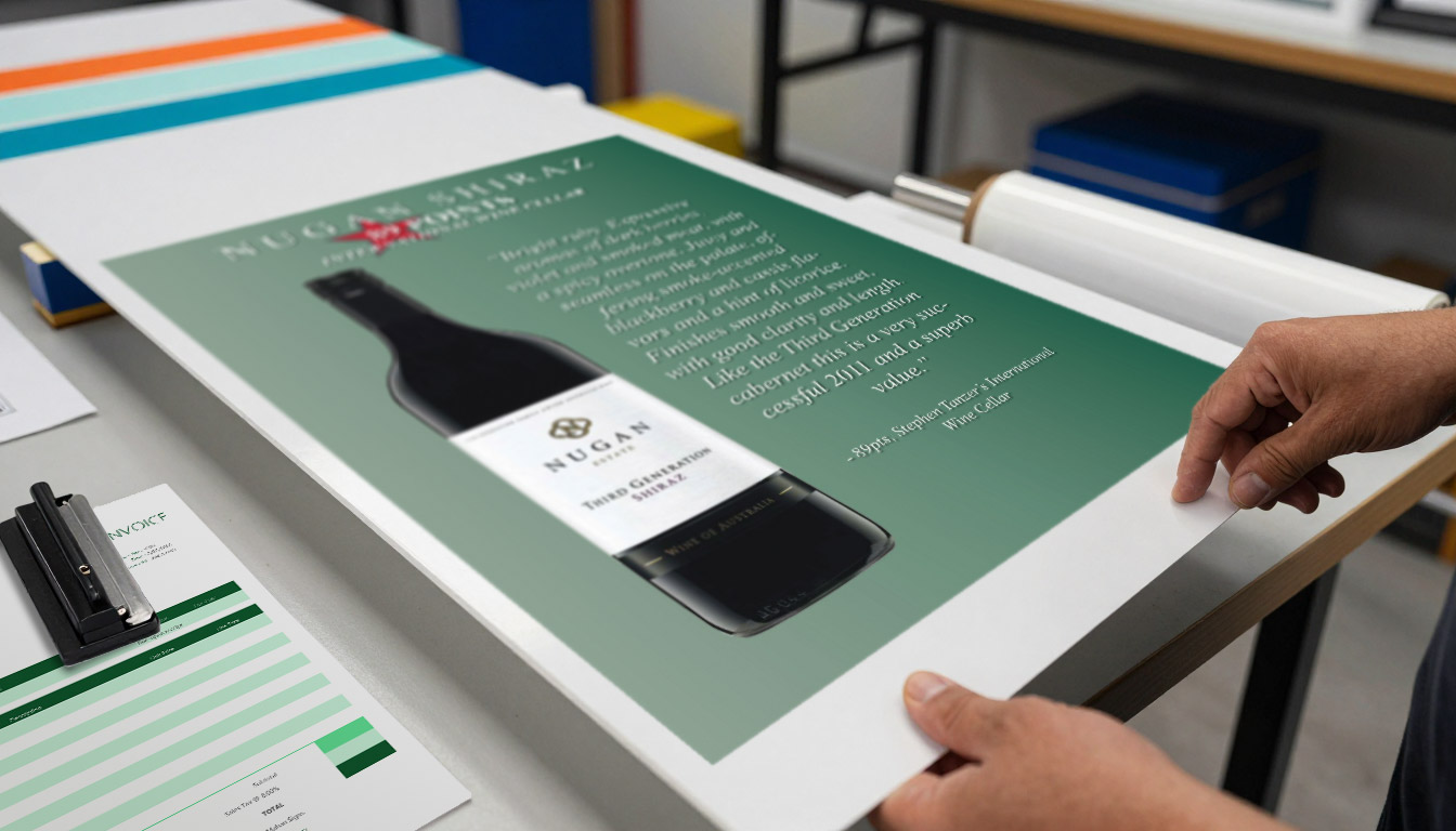 Vinyl lettering and sign production materials on a sign shop workbench